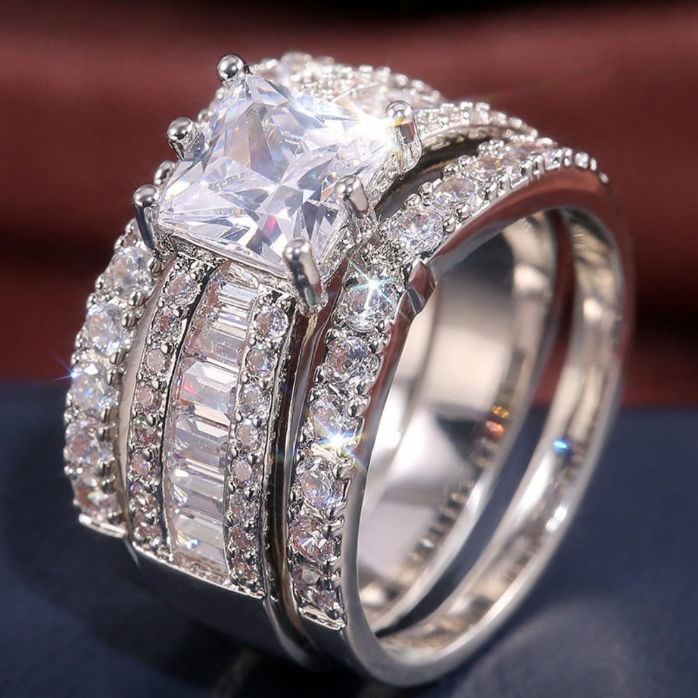 NEW 3 PC/Set Princess Cut Silver Diamond Ring - Picture 4 of 4